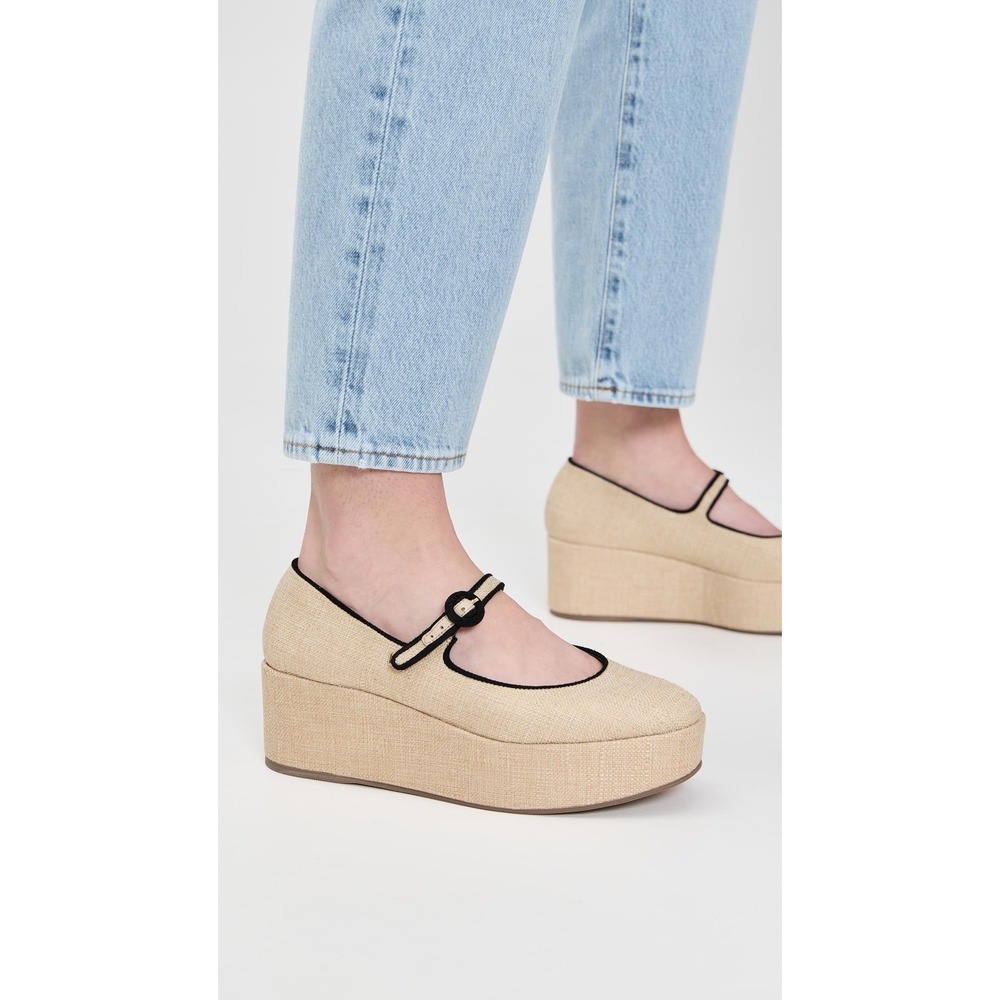 Larroude Brigitte Platform Mary Jane Raffia Natural Black Trim Shoes 8.5 NEW